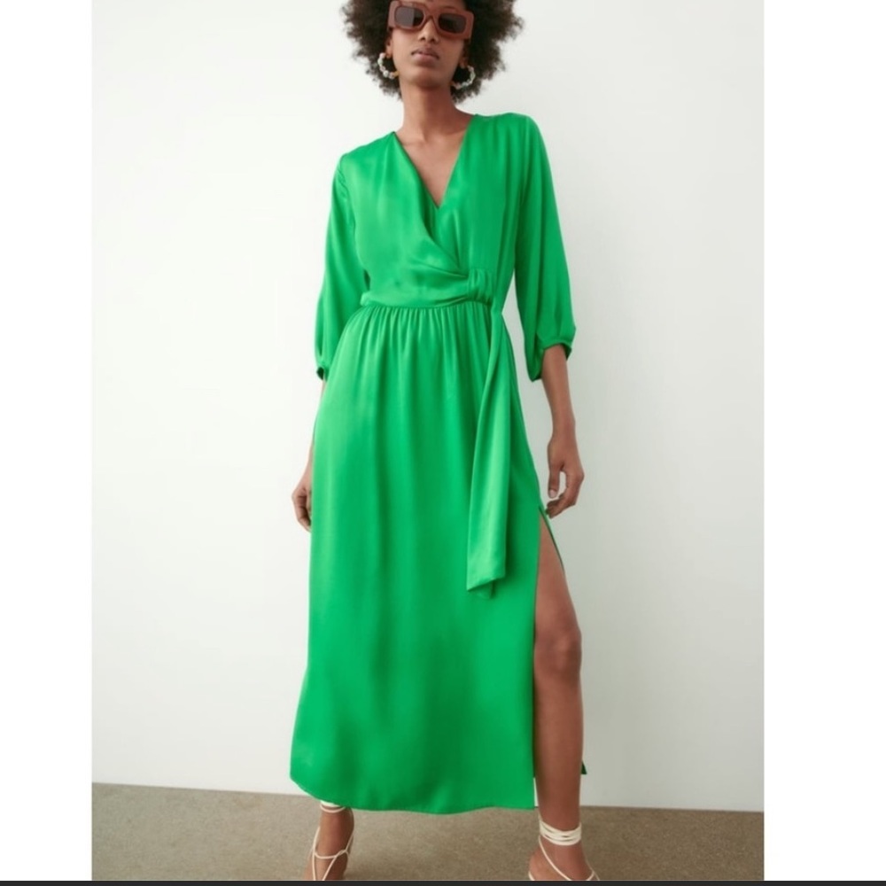 ZARA GREEN KNOTTED SATIN EFFECT DRESS Size S
